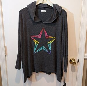 NWT. Lauren Moshi charcoal colored star hooded sweatshirt. Handkerchief drape.